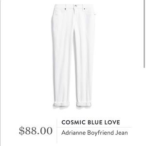 Cosmic Blue brand boyfriend cut white jeans